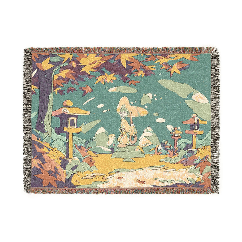 Moss Garden Raker Beneath Maple Leaves Woven Throw Blanket