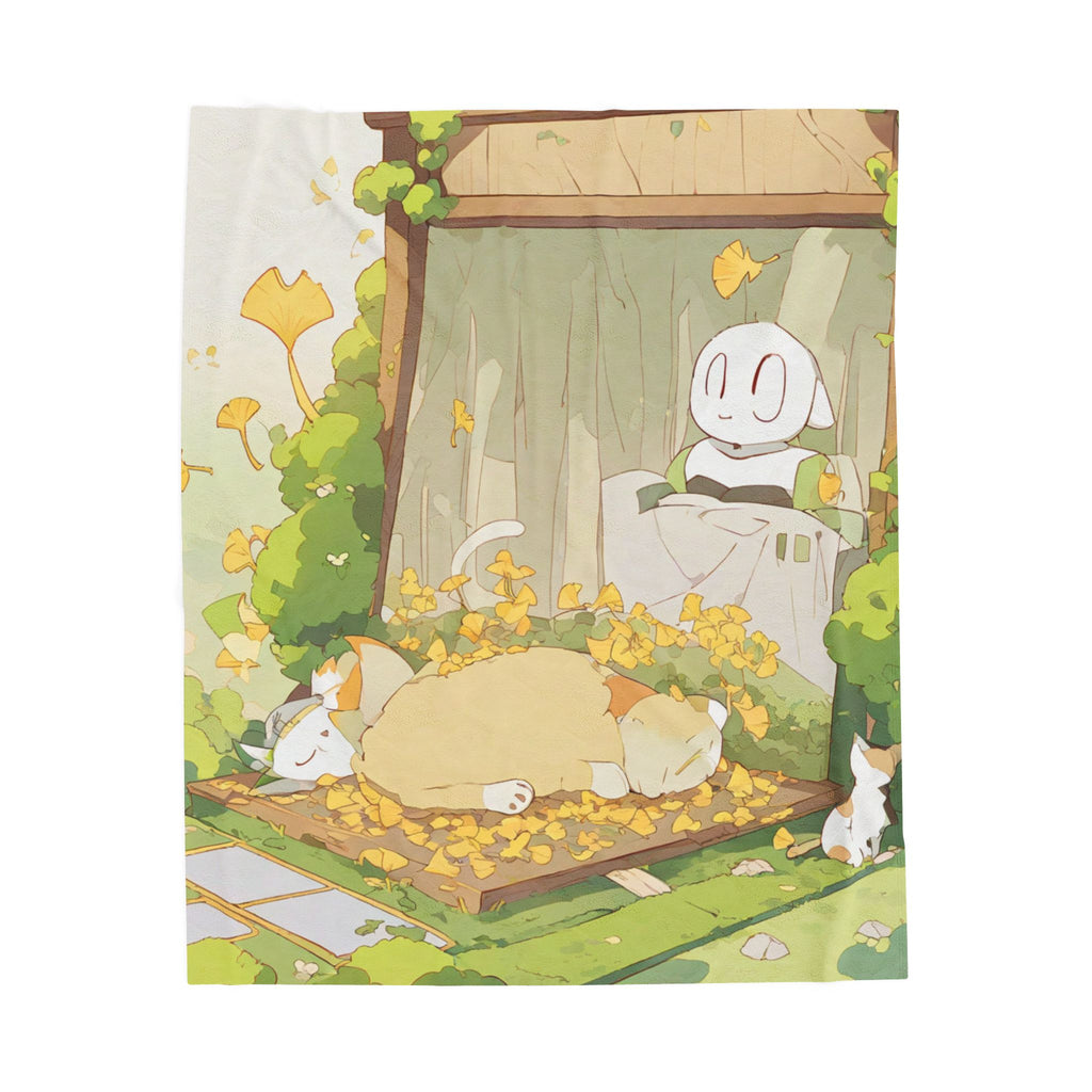 Sleeping cat on mossy shrine step with golden leaves