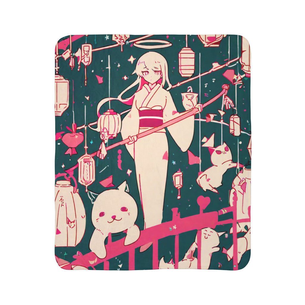 Anime girl among lanterns and cats