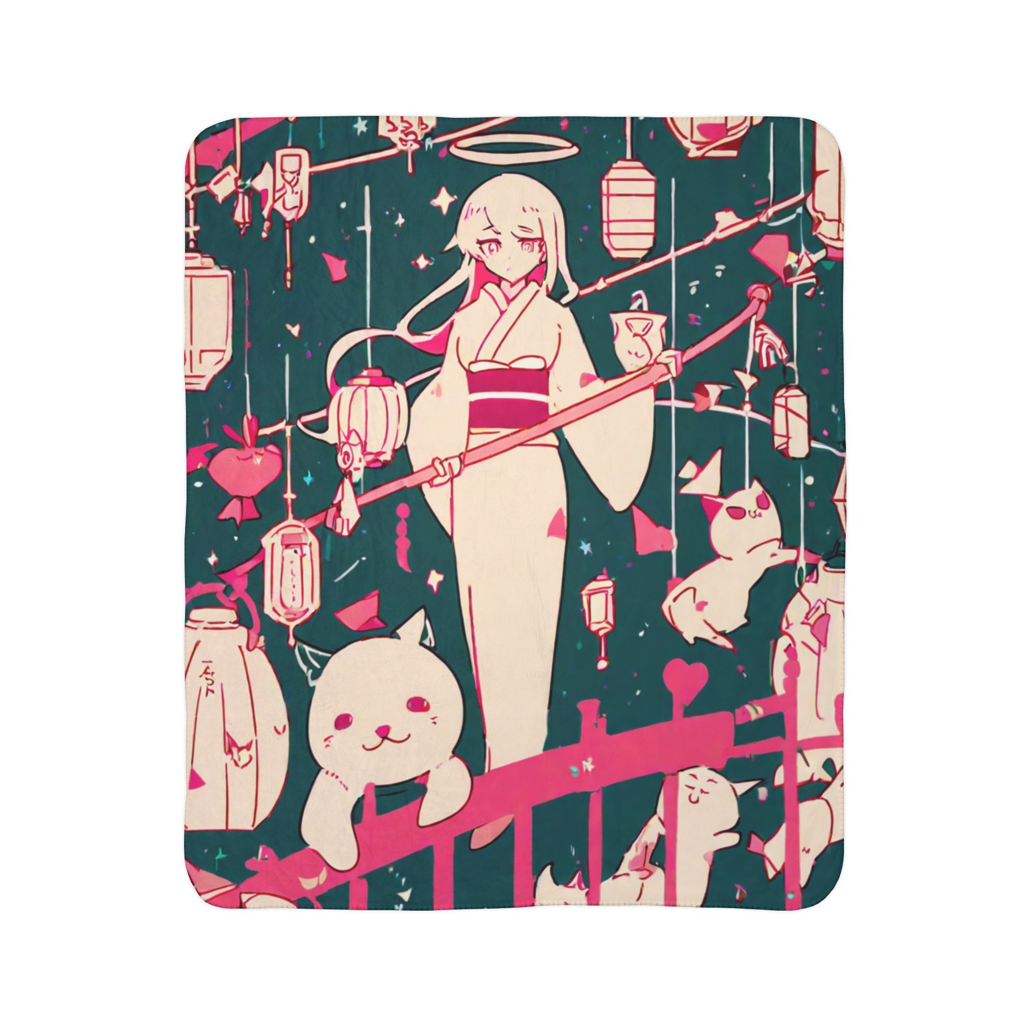 Anime girl among lanterns and cats