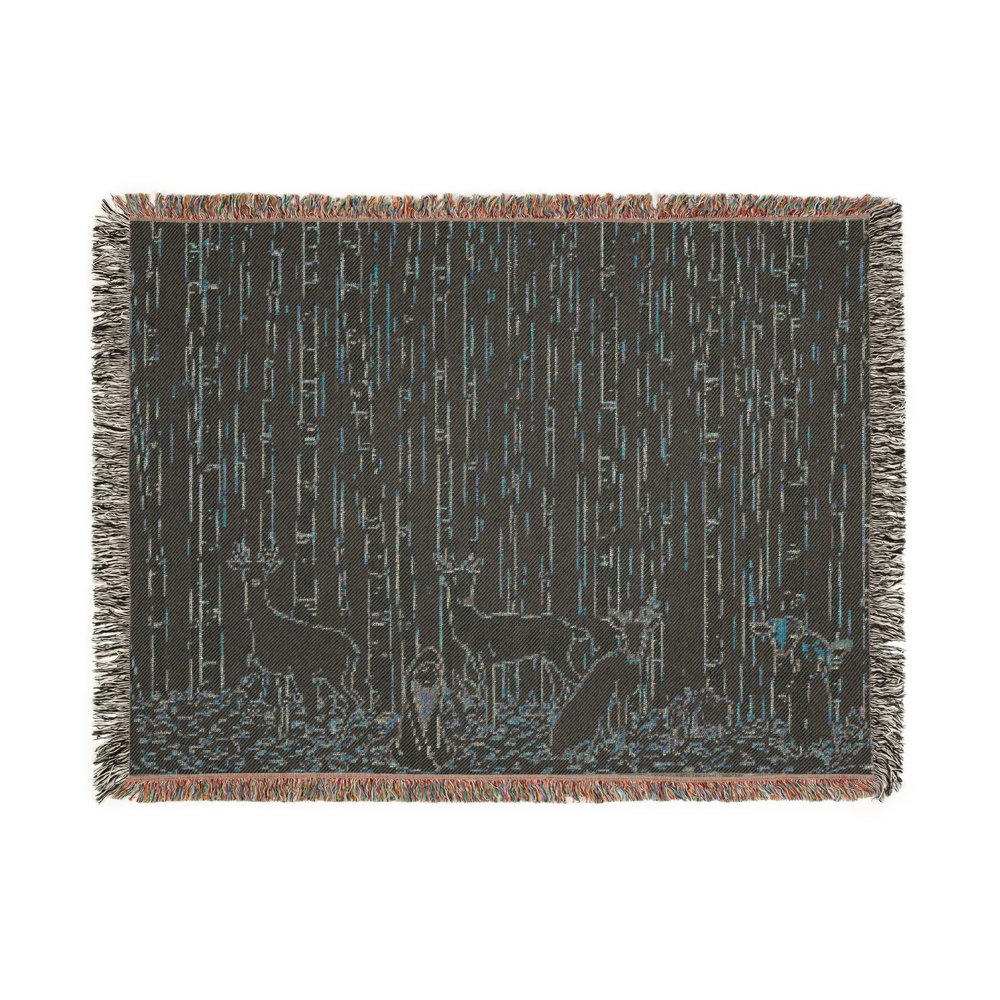 Honey-Raincoat Forager in Birch Forest Woven Throw Blanket