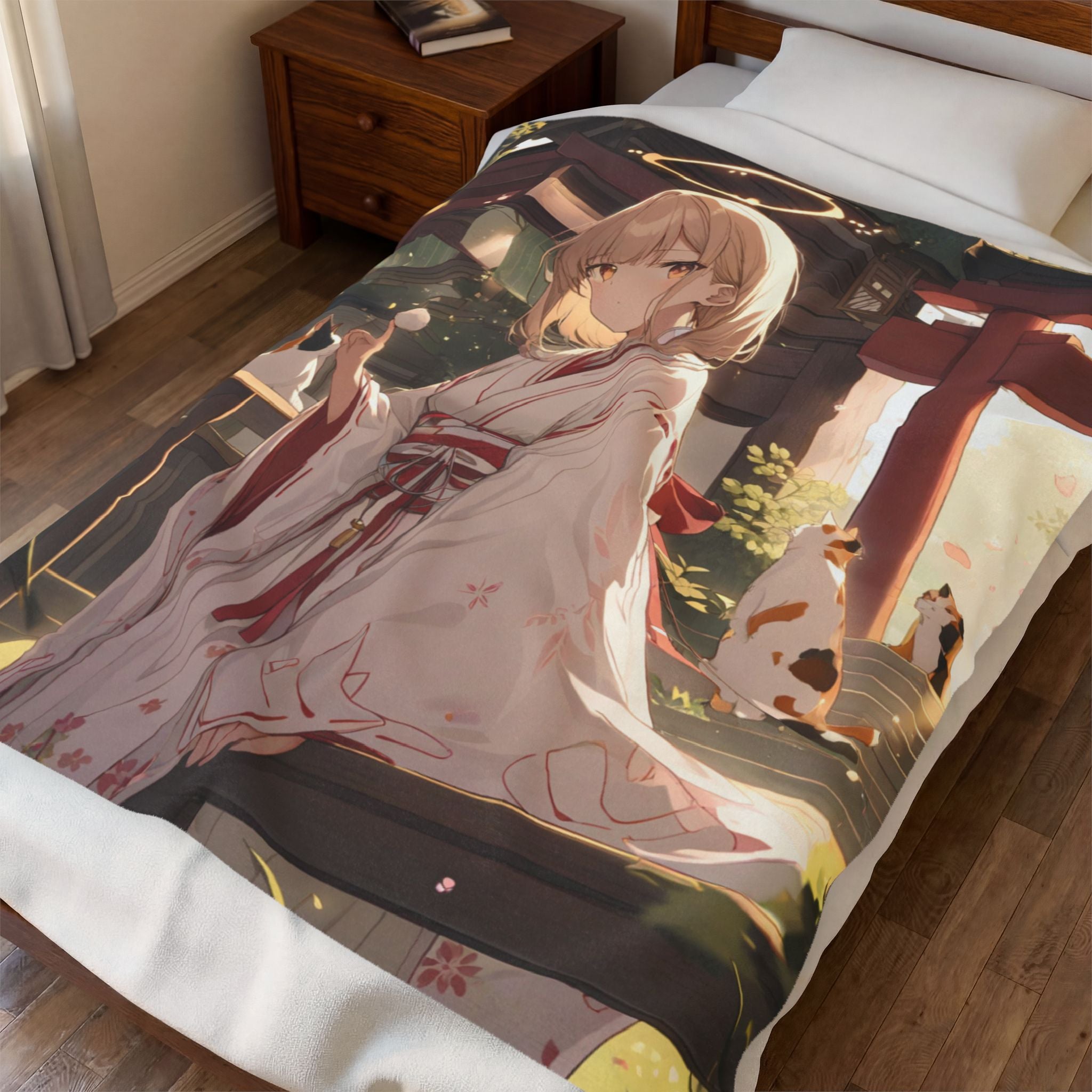 Shrine Maiden and Calico Cat Among Cherry Blossoms Throw Blanket