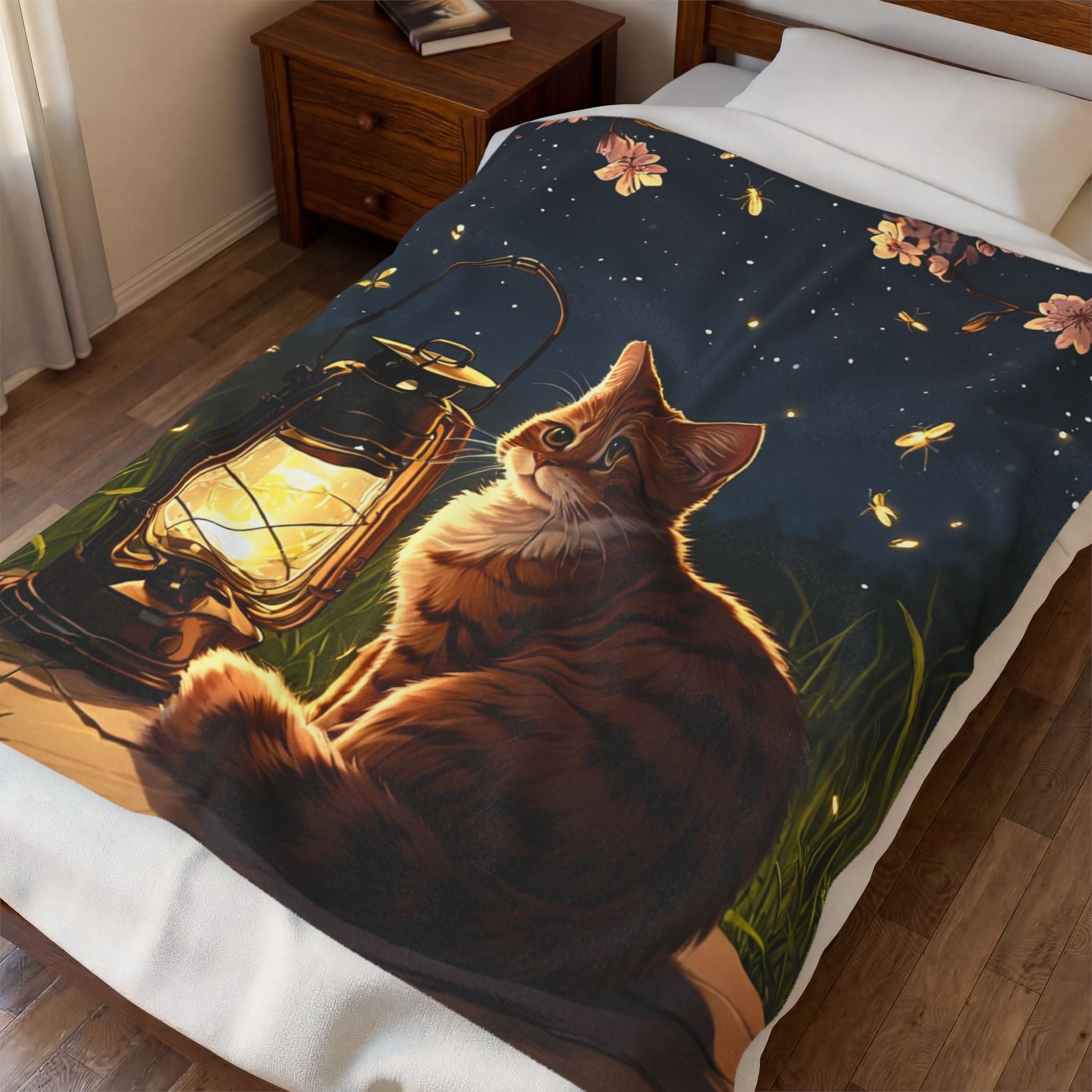 Cat Fireflies Rise Garden Velveteen Throw Blanket