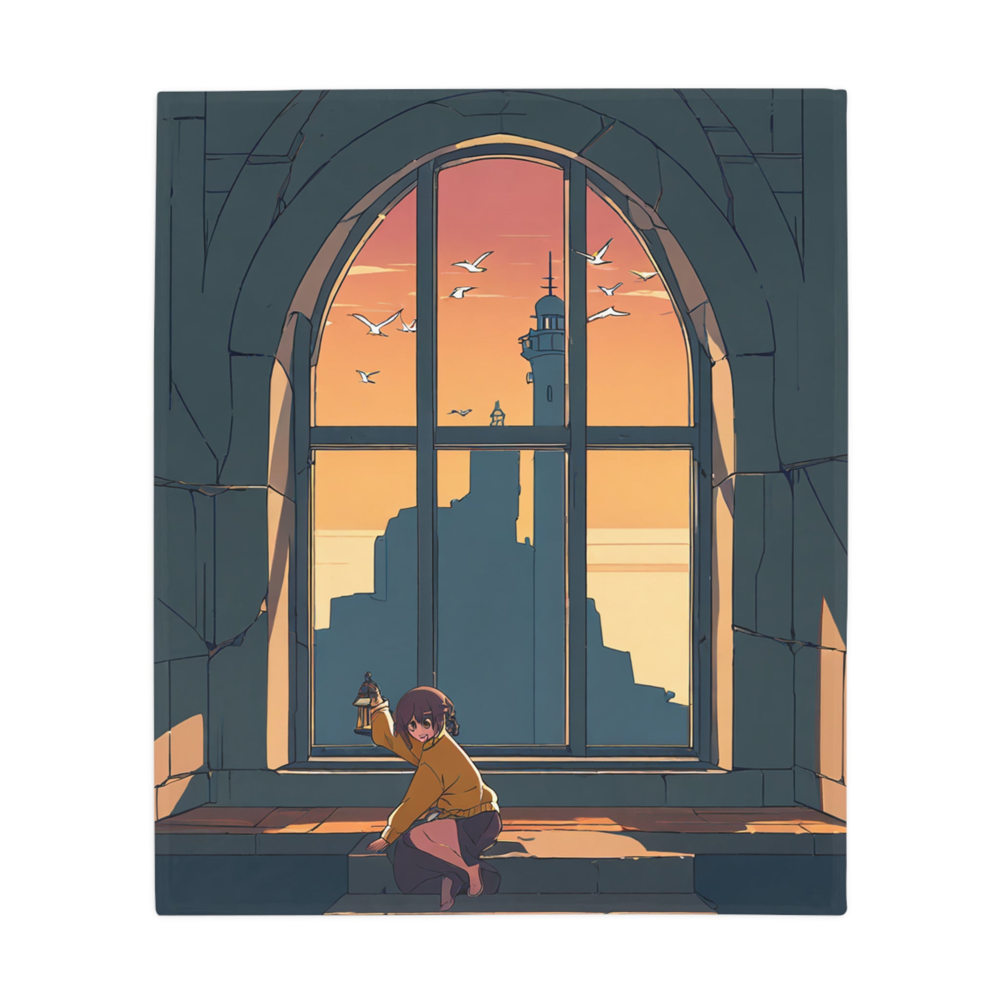 Lighthouse Keeper in Amber Light Plush Fleece Throw Blanket
